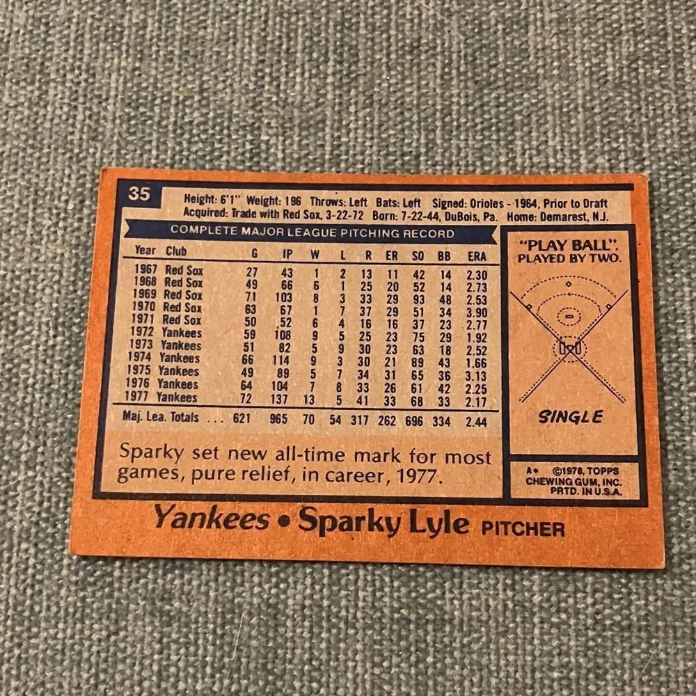 1978 Topps New York Yankees Baseball Card Trading Card